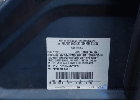 2004 Mazda Mazda6 S из США, поврежденный, VIN 1YVHP82D645N92228